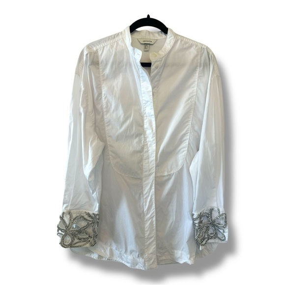H&M White Button-Up Shirt with Embellished Cuffs and Bib Collar - Picture 1 of 7